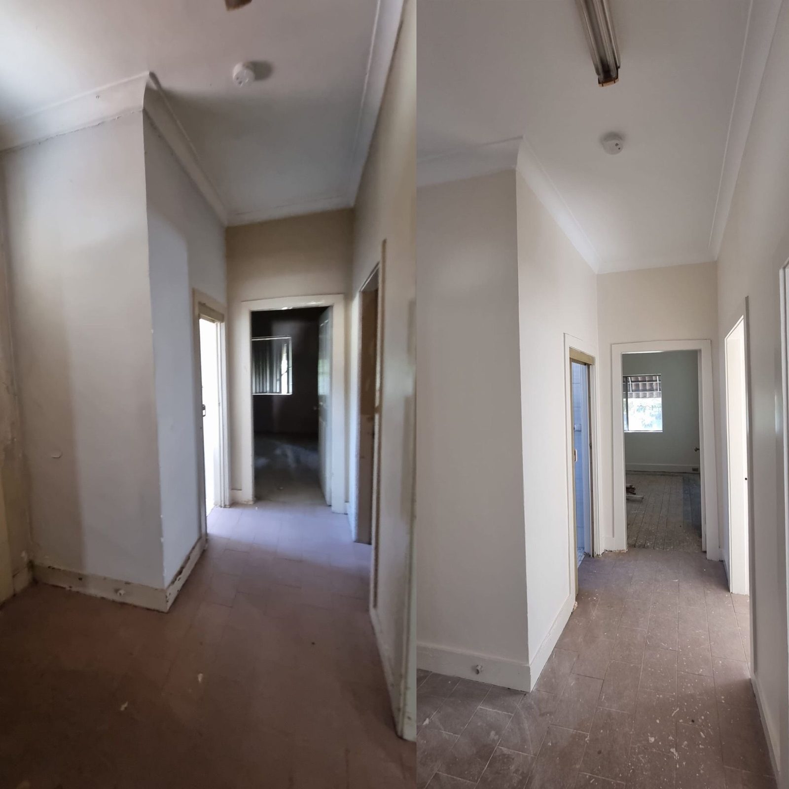 Two views of the same hallway: patchy walls and chipped skirting on the left, smooth repainted walls and skirting on the right